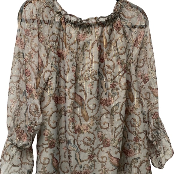 Soft Surroundings Aitana Dusty Pink Bird Floral Sheer Metallic Blouse M - Picture 4 of 10